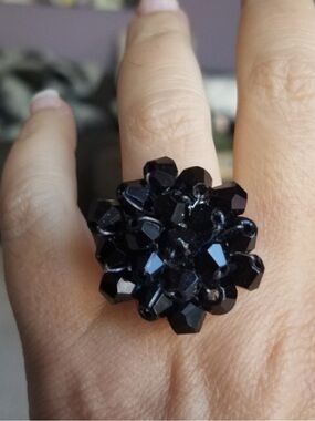 Swarovski Elements Jet Onyx Black Crystal Flower Cluster Statement Ring NEW